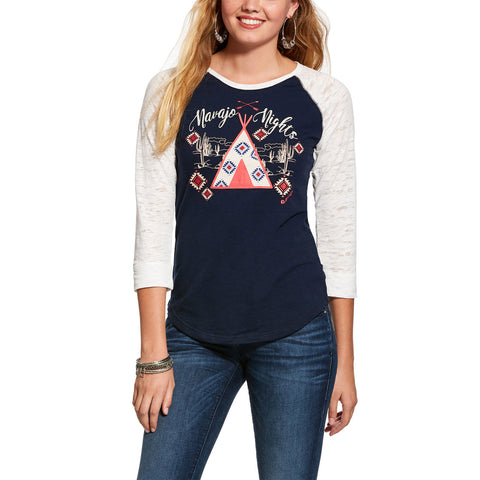 Ariat Women's White and Navy Navajo Nights Baseball Tee 