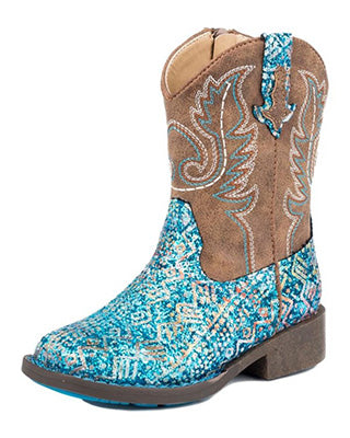 Roper Toddler Blue Southwest Glitter Square Toe Boots