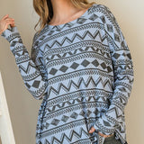 First Love Women's Grey Tribal Print Long Sleeve Tee