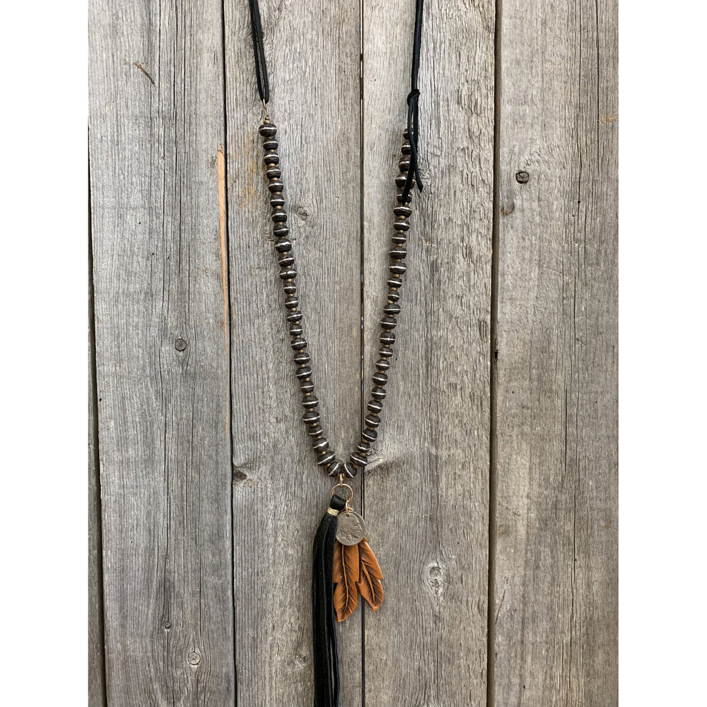 J.Forks Designs - Wood & Silver Beads, w/Buffalo Nickel & Leather Feather Necklace