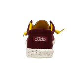 The backside view of a maroon HEYDUDE shoe. The sole is white featuring a dotted, splattered pattern.