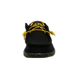 The front view of a HEYDUDE shoe with yellow laces and branding on the tongue.