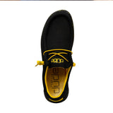 A top view of a black shoe by HEYDUDE that also has yellow laces.