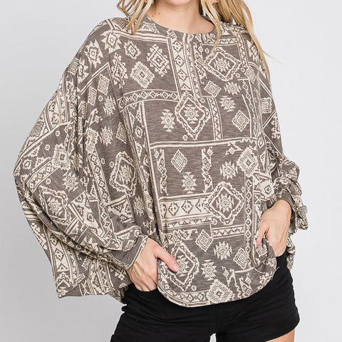 Mocha Terry Print Dohlman Sleeve Top