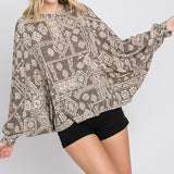 Gee Gee Women's Mocha Terry Print Dohlman Sleeve Top