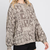 Gee Gee Women's Mocha Terry Print Dohlman Sleeve Top