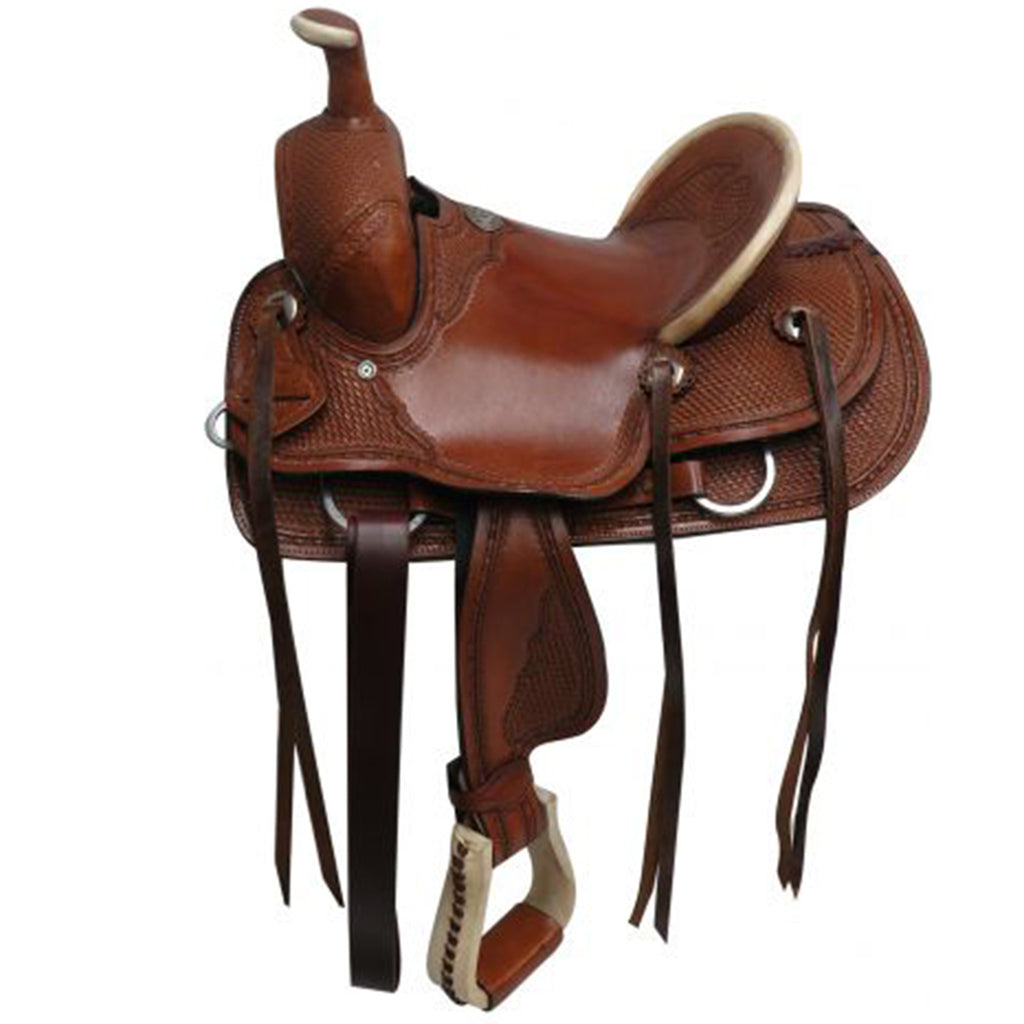 hard seat roper style saddle with basket tooling