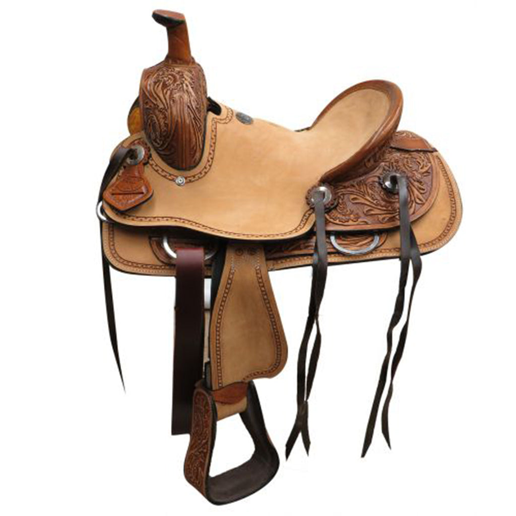 youth saddle with rough out hard seat with a floral tooled skirt