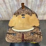 10" Hard Seat Roper Pony Saddle Floral Tooled Background Tan Rawhide Seat Top View