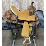 10" Hard Seat Roper Pony Saddle Floral Tooled Background Tan Rawhide Seat Right Side