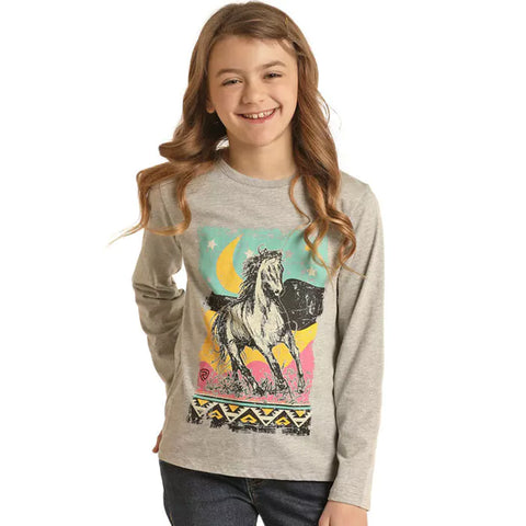 Rock & Roll Kids LS Grey Tee-Graphic: Large Horse Bright Colors