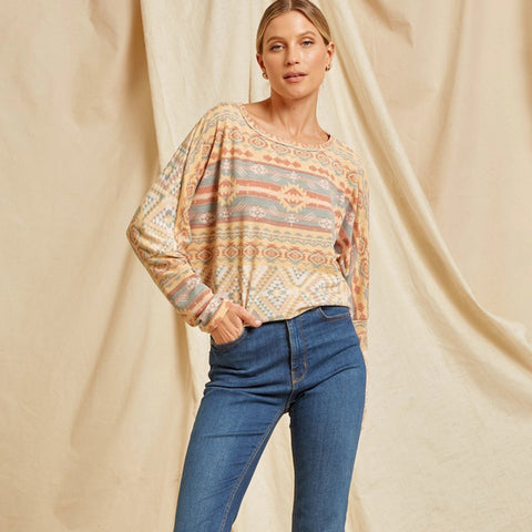 Marigold and Blue Aztec Long Sleeve Top