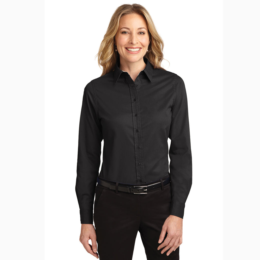 Ladies Solid Black Button Down Shirt