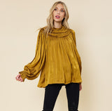 FSL Women's Solid Ruffled Satin Long Sleeve
