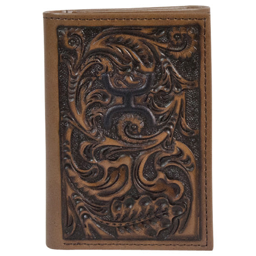 Hooey Chocolate Tooled Trifold Wallet 