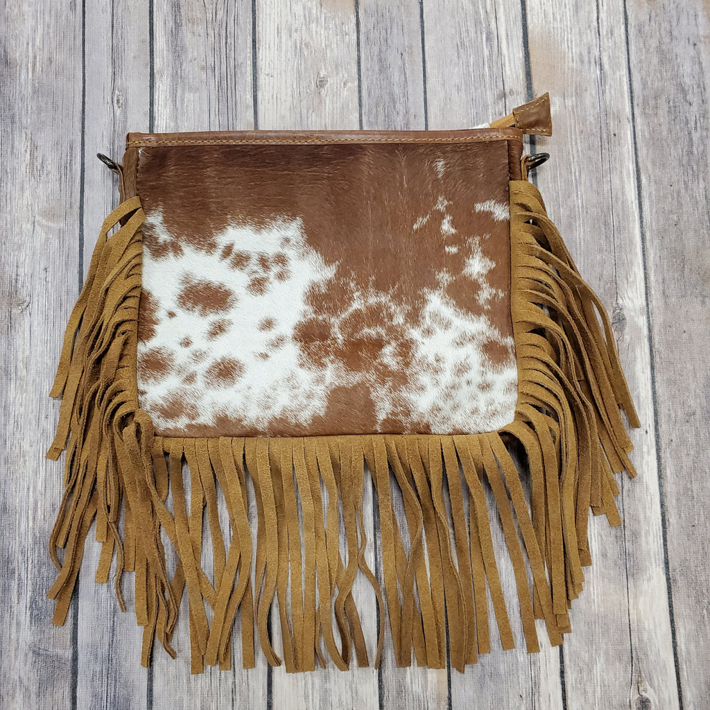 Tan and White Hide Fringe Cross Body Purse 