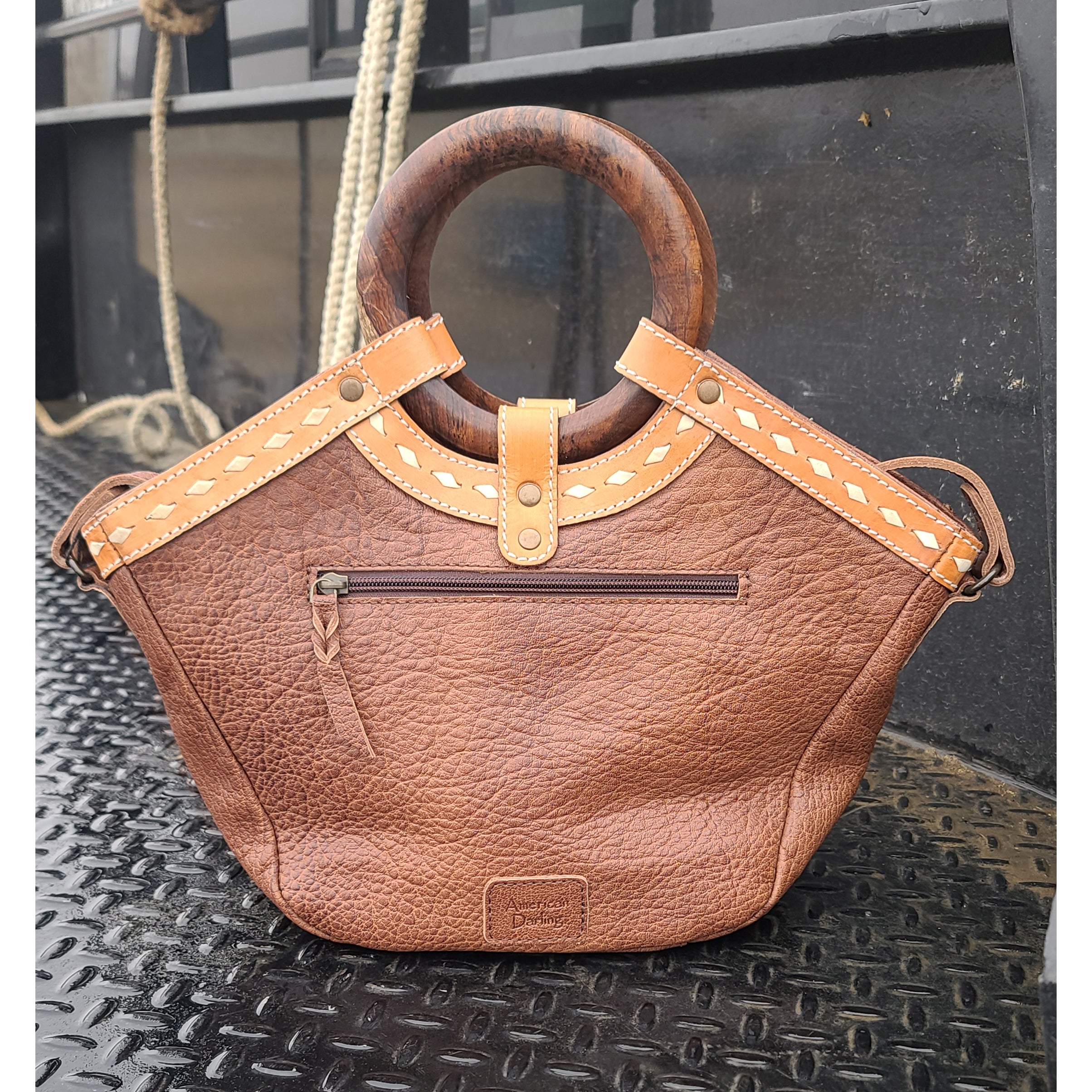 American Darling Wood Handle Cow Hide Hand Bag