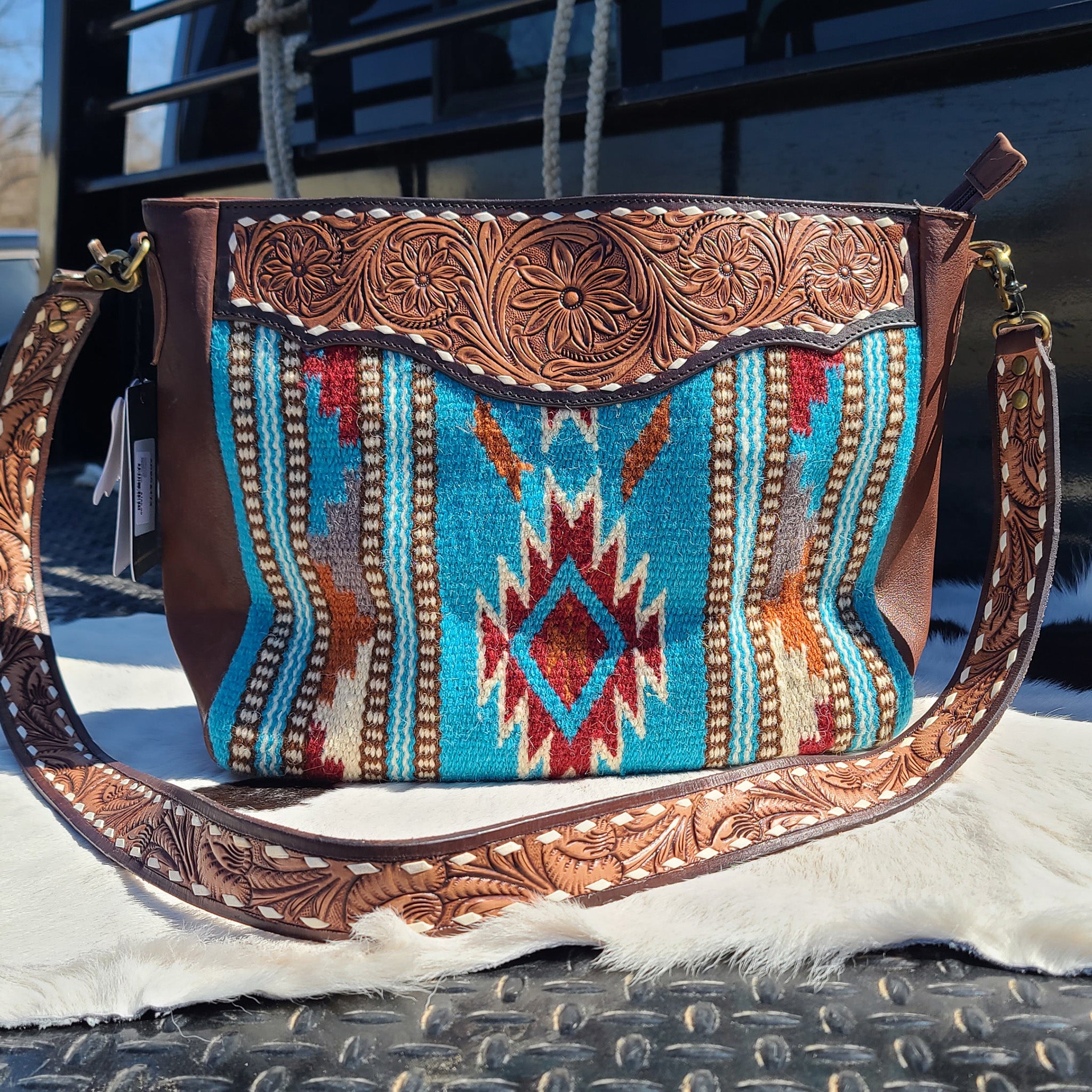 Tooled Leather Shoulder Tote-Turquoise