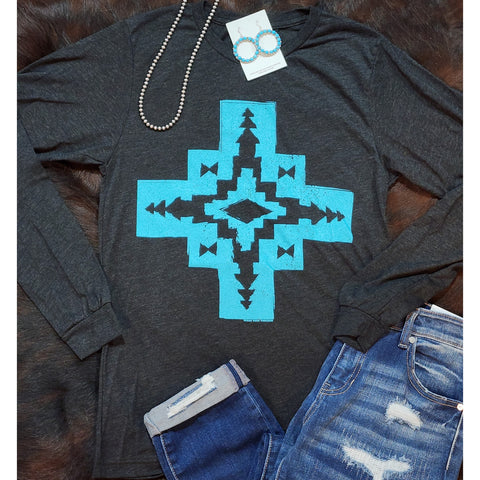 Black & Turquoise Aztec L/S Tee