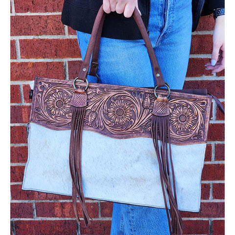 American Darling Large Tooled Leather & Cowhide Tote