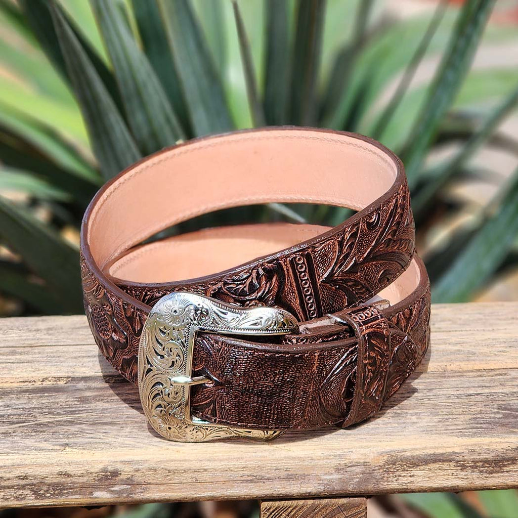 Tanner Mark Men's Brown Floral Tooled Belt