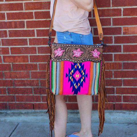 American Darling Pink Flower Tolled Leather Blanket Crossbody