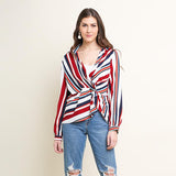 Women's Red, White and Navy Striped Long Sleeve V Neck Shirt
