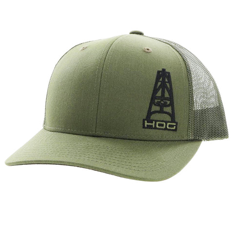 Hooey Mid Profile HOG Black OIL RIG on a Olive Green Cap