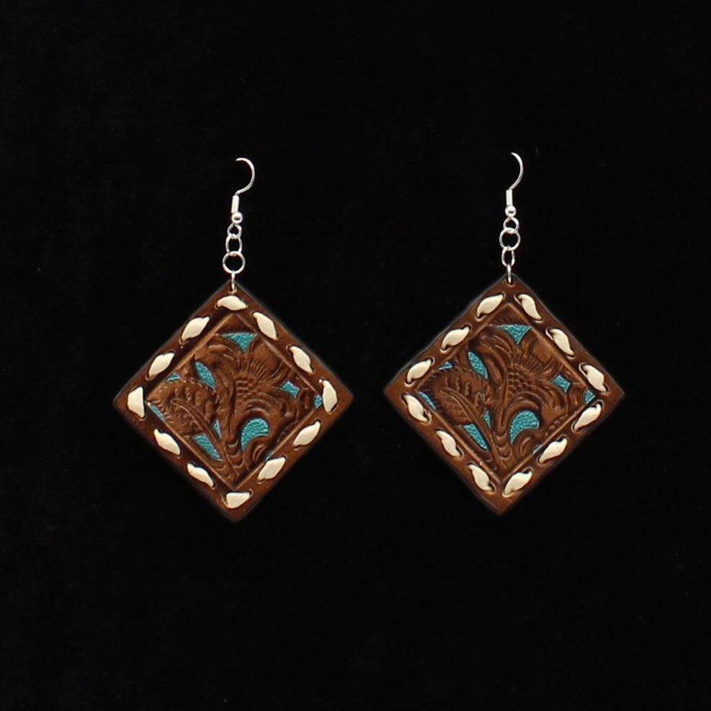 Brown and Turquoise Tool Square Leather Earrings