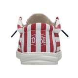 A backside view of a HEYDUDE shoe that features red & white stripes.