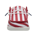 A front view of a HEYDUDE shoe that contains red & white stripes. The laces are white.