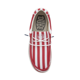 A shoe with red & white stripes pictured from a top angle. The background is white.