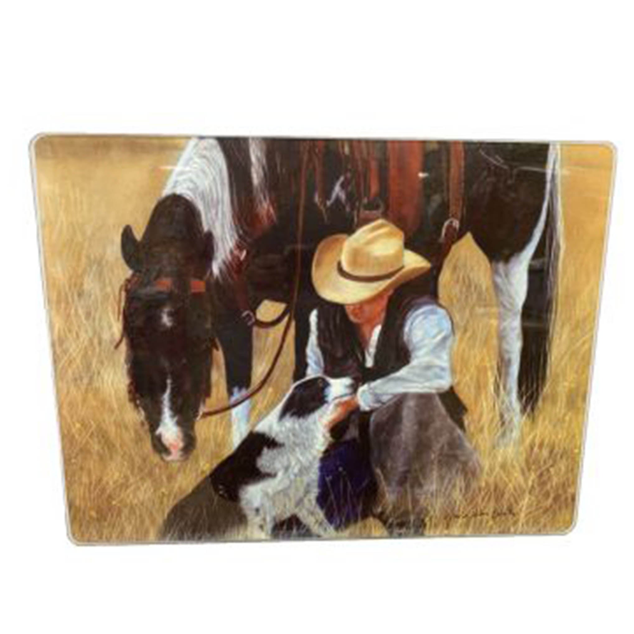 Cowboy Kneeling with Horse Glass Cutting Board – Western Edge, Ltd.