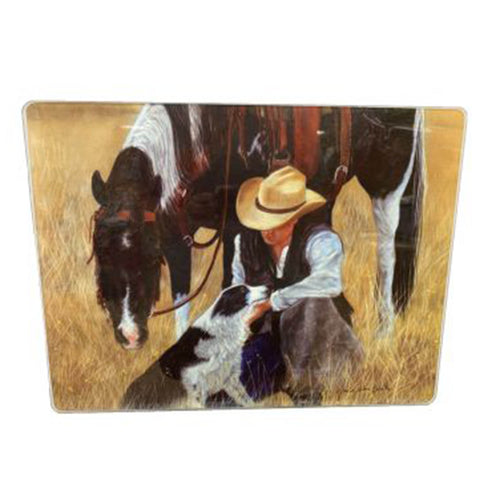 Cowboy Kneeling with Horse Glass Cutting Board