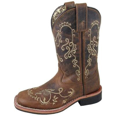 Youth Brown Embroidered Marilyn Square Toe Boots