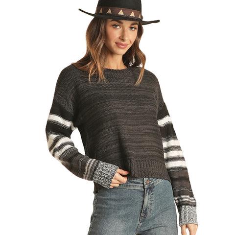 Rock & Roll Black And White Striped Jr. Long Sleeve Knit Sweater