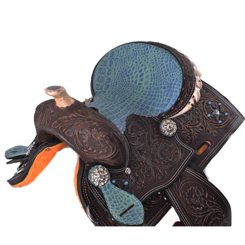 Youth Saddle is accented with turquoise alligator print throughout