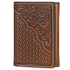 Nocona Tan Floral /Basket Weave Tooled Tri-fold Wallet