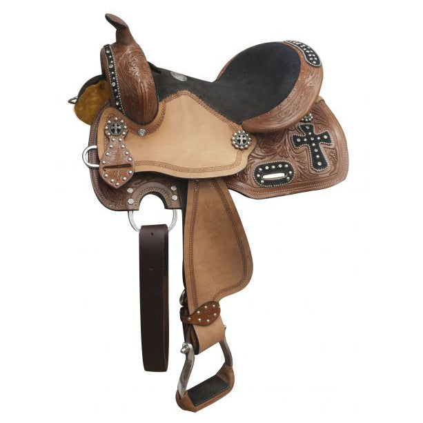 youth saddle with dark padded seat and studded cross conchos