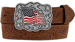 Justin Kid's Brown Tooled Flag Buckle Belt