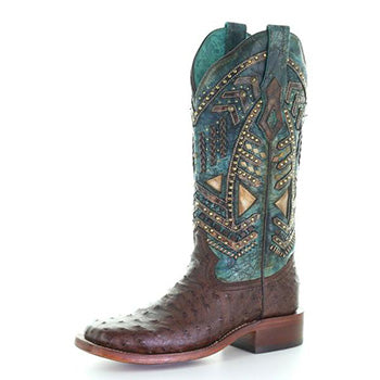 Corral Brown and Turquoise Ostrich Embroidery Stud Boots
