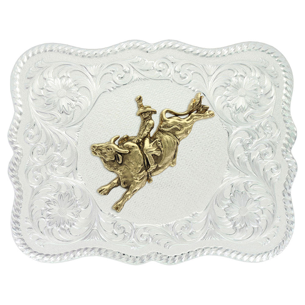 Initial Silver Engraved Gold Trim Western Belt Buckle by Montana