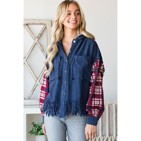 Plaid Sleeve Button Front Jacket