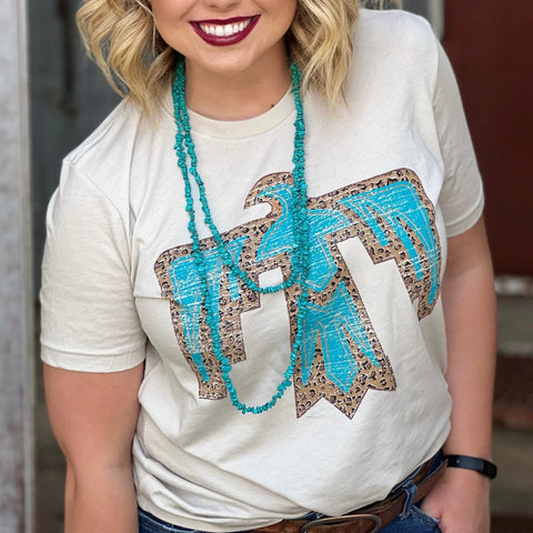 Texas True Ladies Cassie Thunderbird Tee-Leopard/Cream/Turquoise