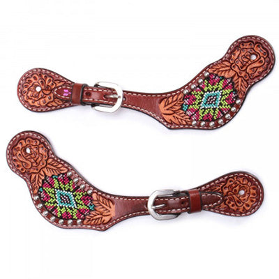 Ladies Floral Beaded Inlay Dove Wing Spur Straps