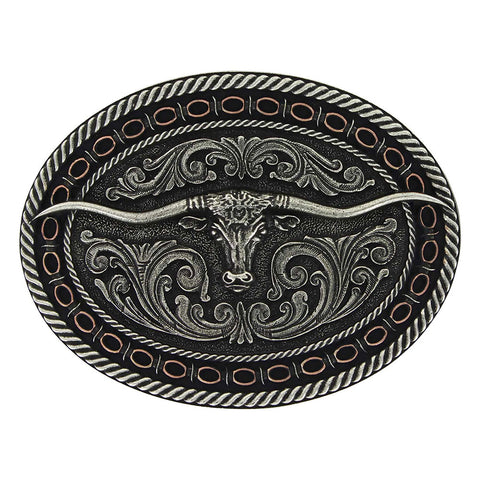 Two Tone Oval Barbwire Edge Longhorn Buckle