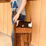 American Darling Brown White Hide and Fringe Purse