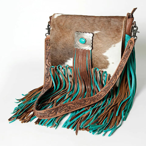 Barcelona - Large, Crossbody, Boho Fringe, Authentic Vintage Chocolate / Turquoise Pendant