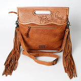 American Darling Brown & White Hide Tooled with Fringe Purse