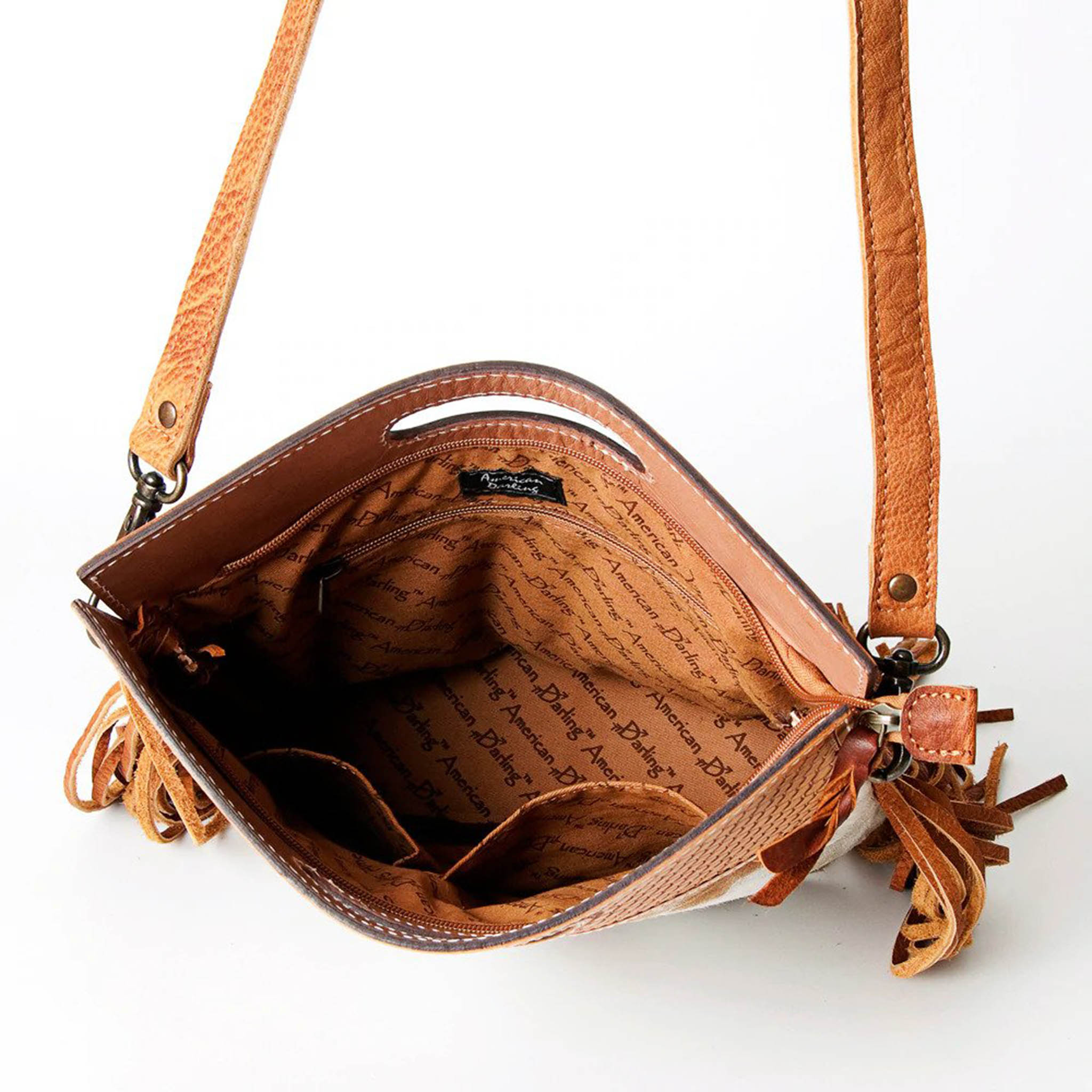 American Darling Brown and White Cowhide With Tooled Flower Flap Purse